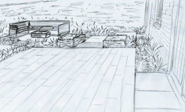 Concept sketch of terrace area Elstree garden Lisa Cox Designs