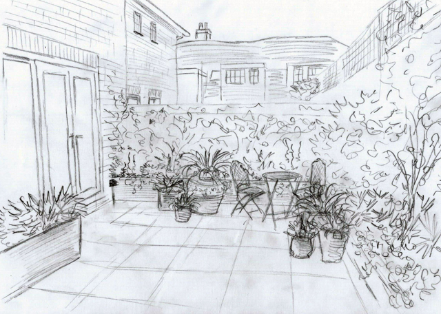 Bletchingley courtyard sketch Lisa Cox Garden Designs