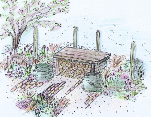 Colour sketch of bench RHS cardiff 2015 Lisa Cox Garden Designs
