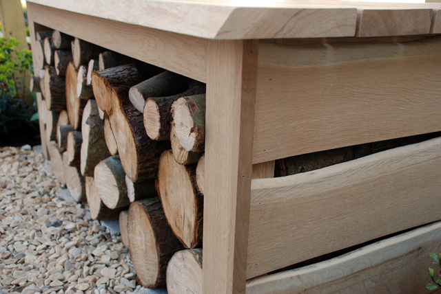 Oak bench with log store Lisa Cox Garden Designs RHS Cardiff 2015