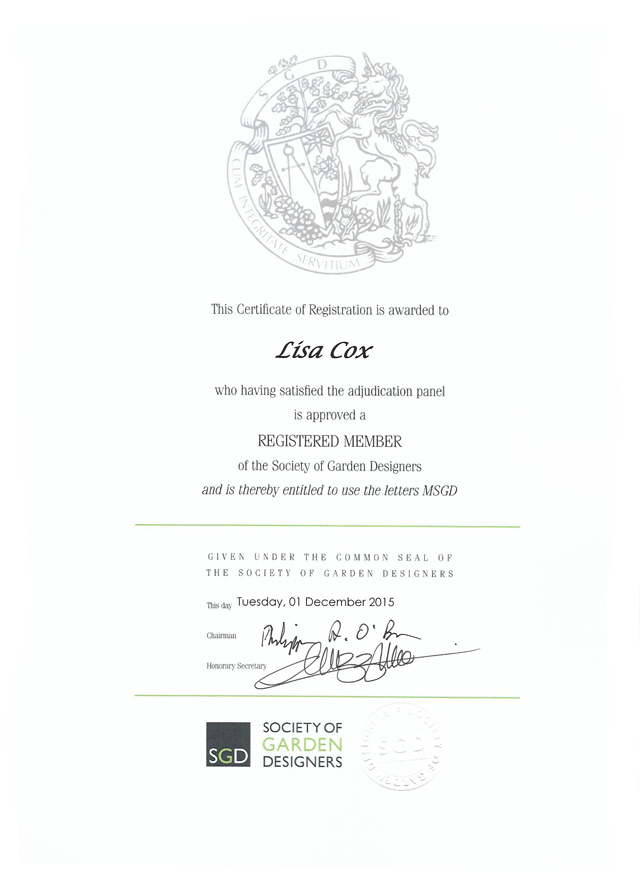 MSGD certificate Lisa Cox Garden Designs